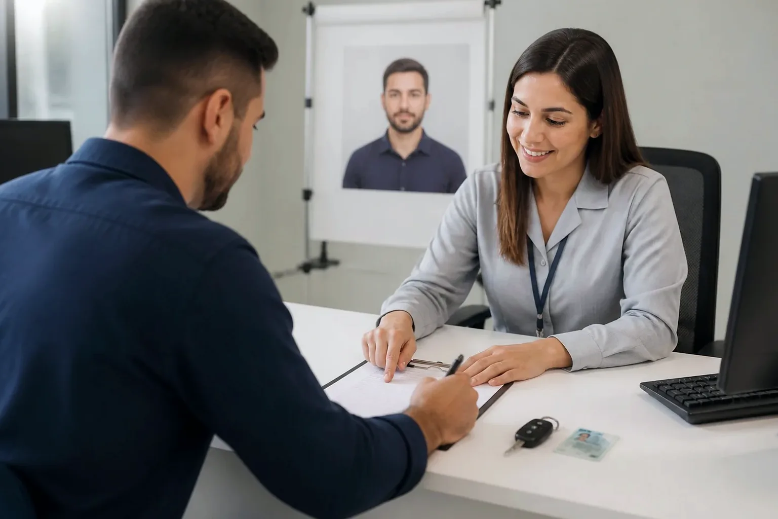 Cliente recebendo informações sobre renovação da CNH.
