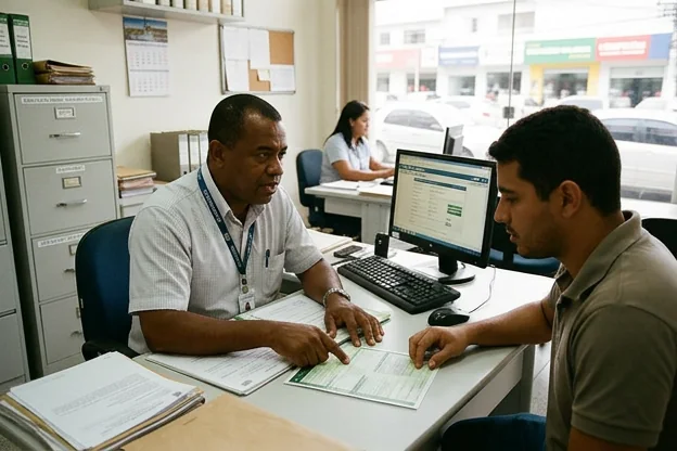 Cliente recebendo instruções sobre transferência de veículo por despachante.