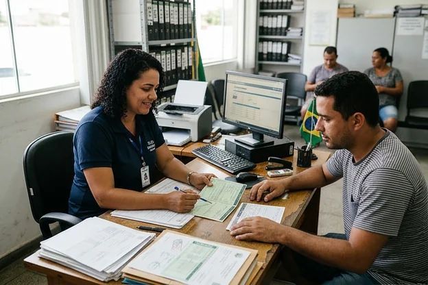 Despachante explicando sobre documentação de veículo para cliente.