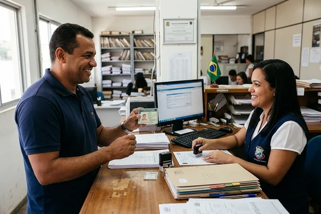 Pessoa comemorando a renovação da CNH com despachante ao lado.
