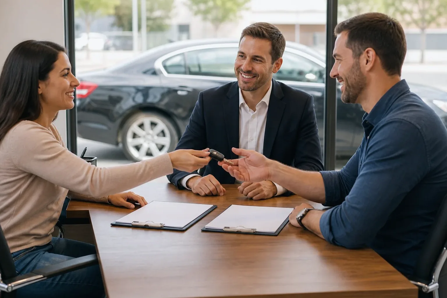 Proprietário conversando com despachante sobre documentação para transferência.